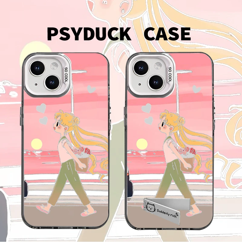 适用苹果16华为小米14爱心美少女彩银情侣网红动漫小众防摔手机壳