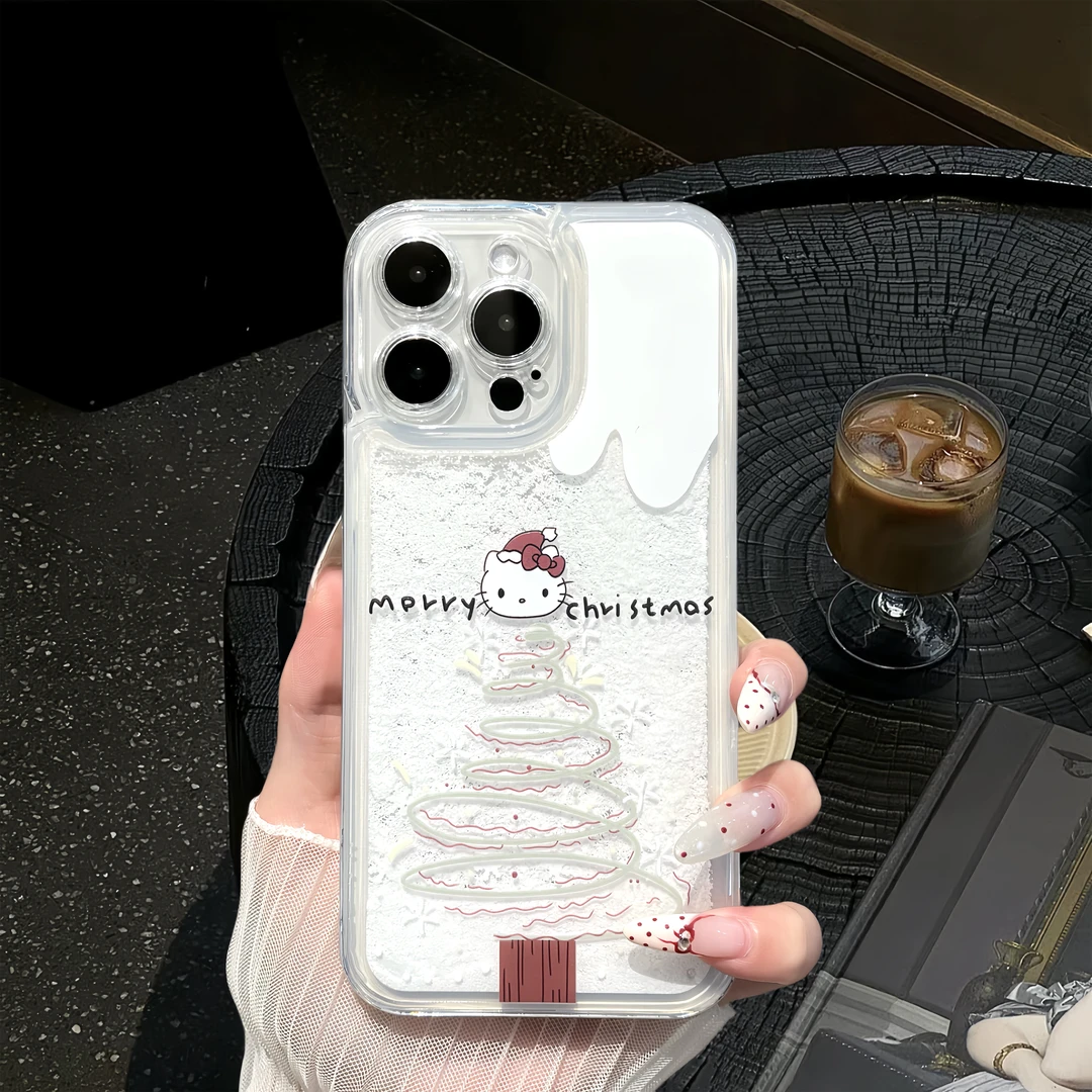 圣诞树凯蒂猫雪花流沙壳适用苹果13/iphone14/iphone16防摔手机壳