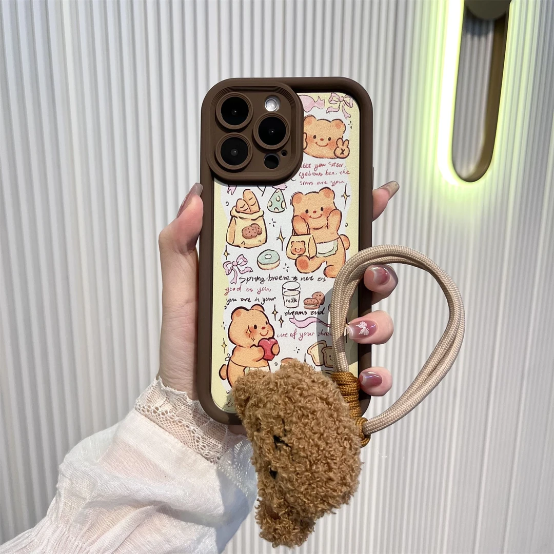 适用苹果16华为小米黄油小熊饼干糖果阶梯咖色卡通全包防摔手机壳