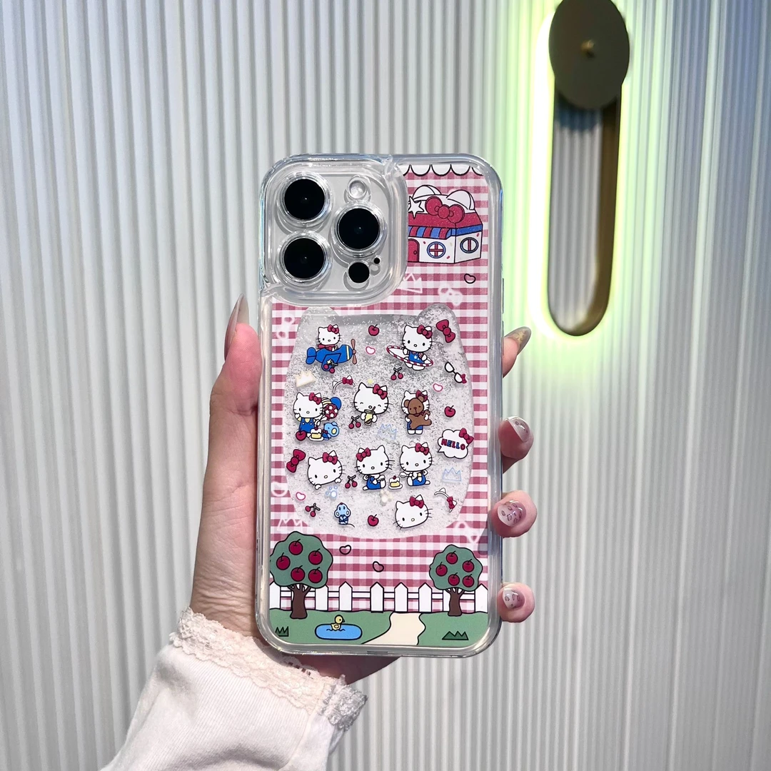 格子凯蒂猫雪花流沙壳适用苹果13/iphone14/iphone16防摔手机壳