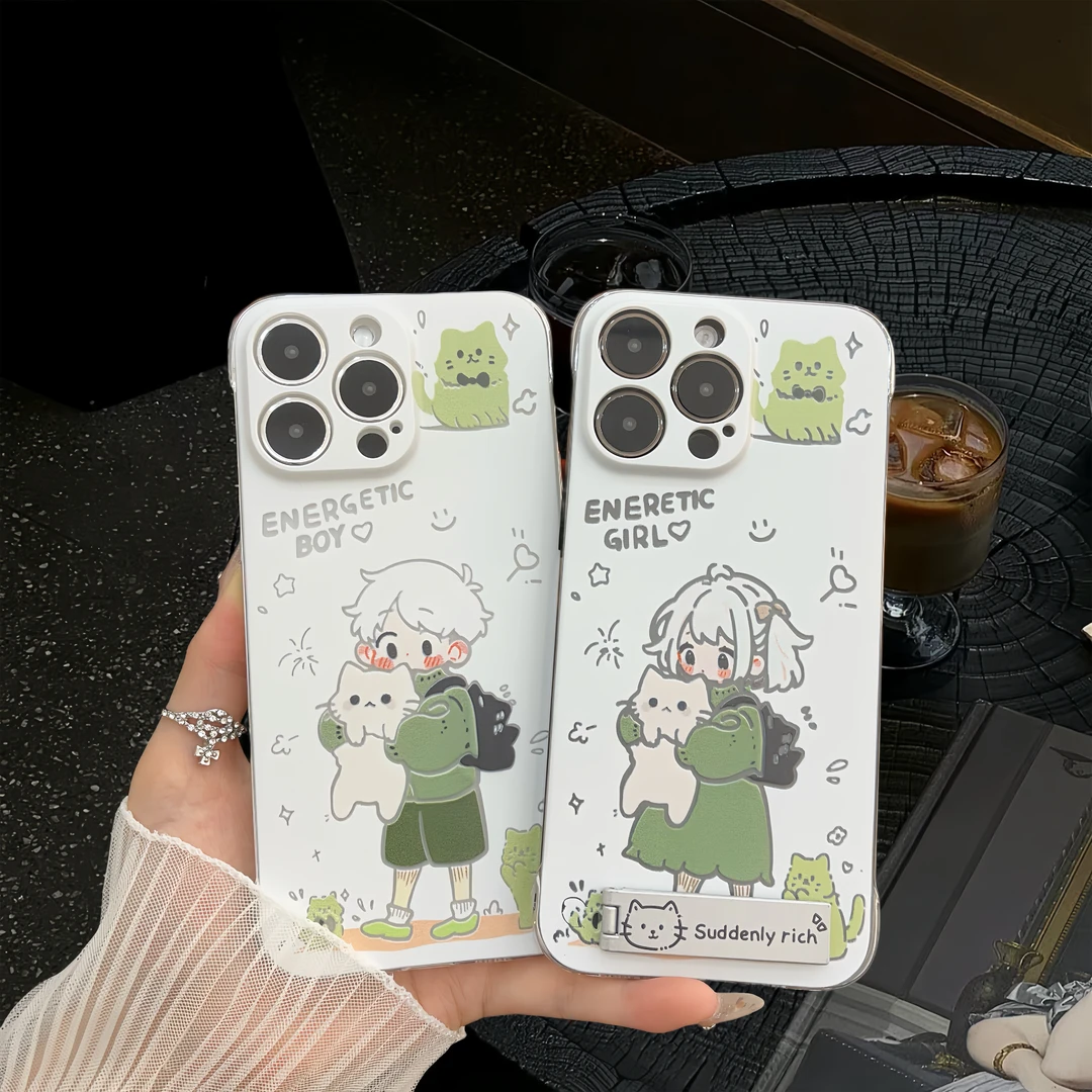 元气抱猫男孩无边框pc适用iPhone15苹果华为70vivo小米简约手机壳