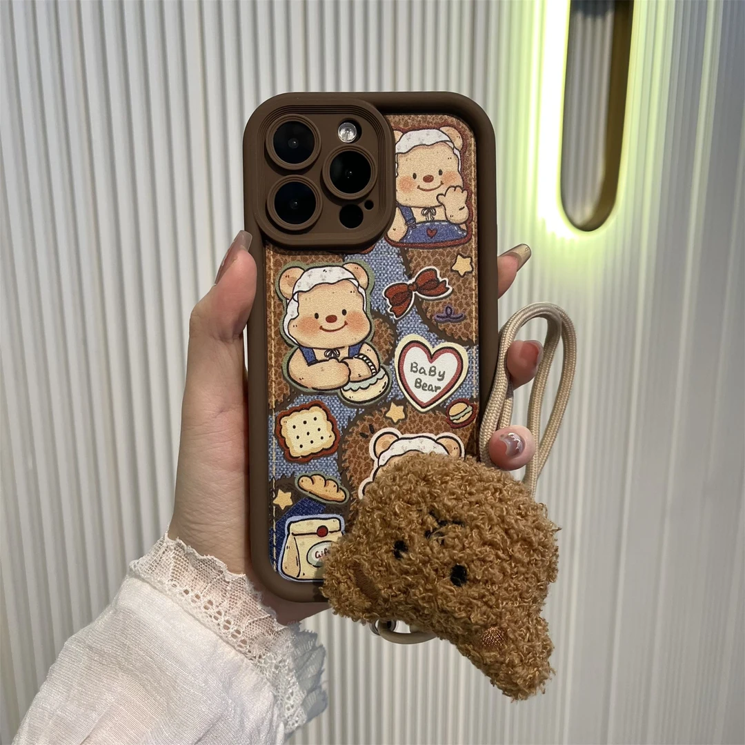 适用苹果16华为小米牛仔豹纹黄油小熊咖色糖果阶梯卡通防摔手机壳