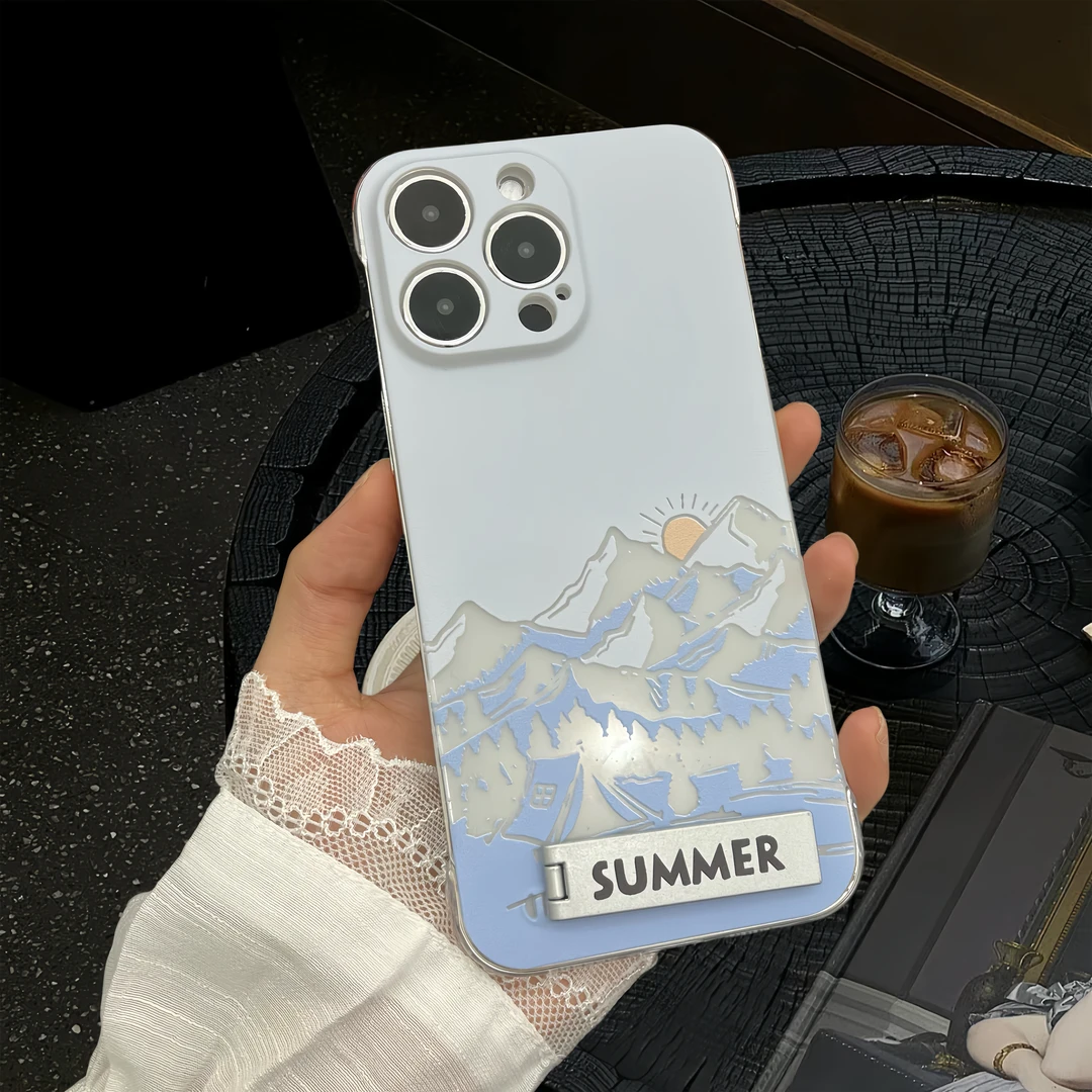 镂空雪山无边框pc适用iPhone15苹果华为70vivo小米小众防摔手机壳