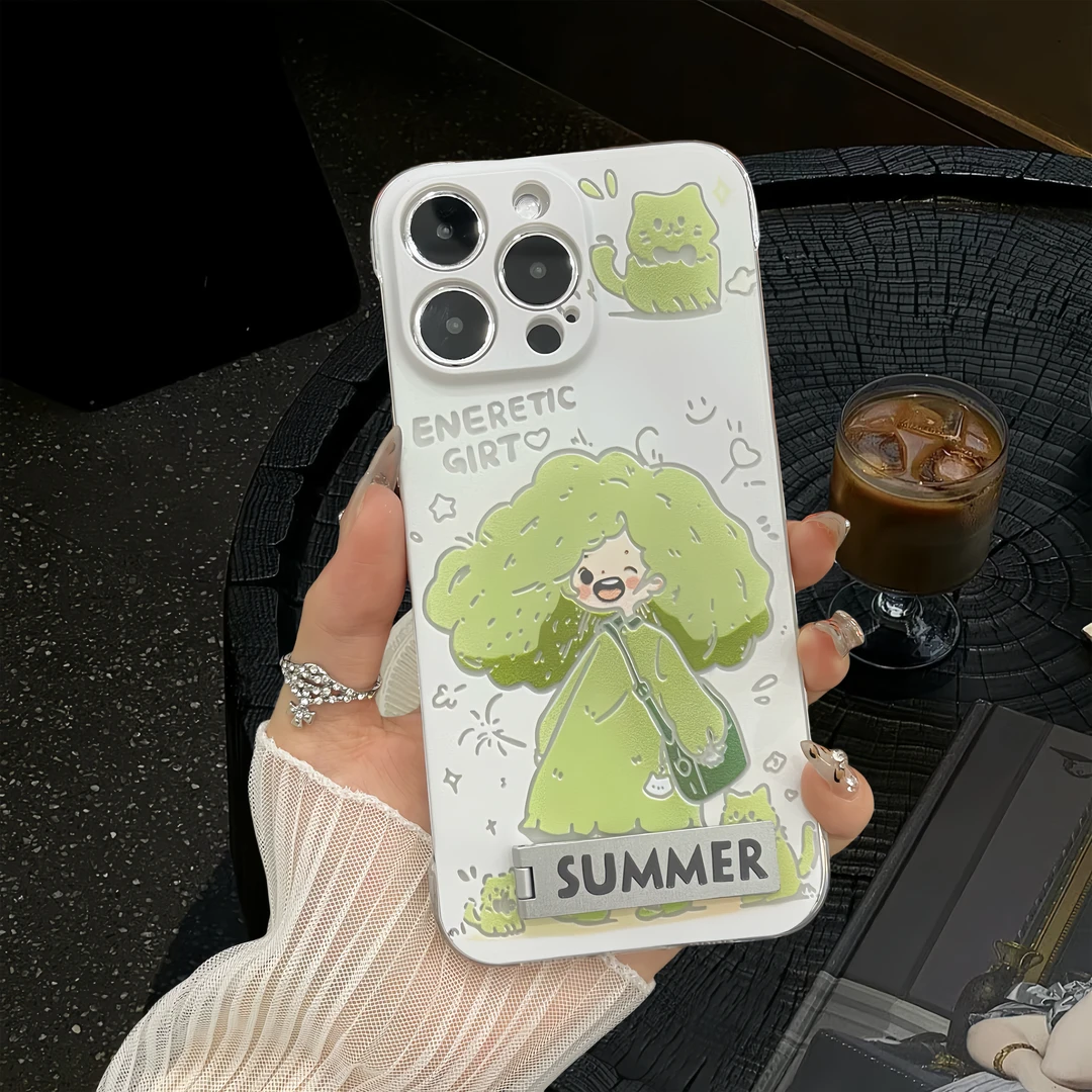 镂空绿发女孩无边框pc适用iPhone15苹果华为70vivo小米简约手机壳