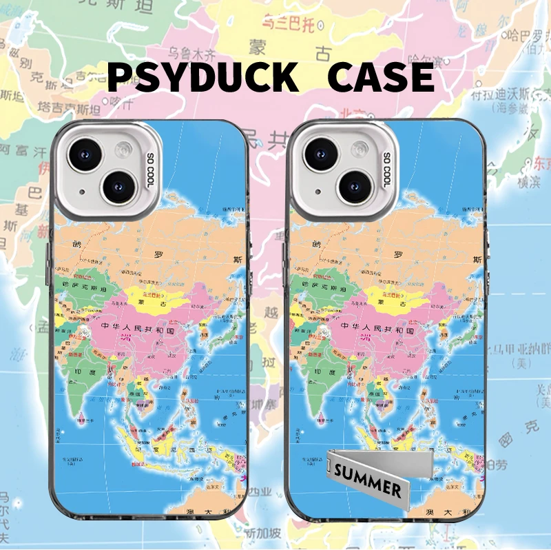 适用苹果16华为小米14世界地图镂空彩银网红动漫小众防摔手机壳