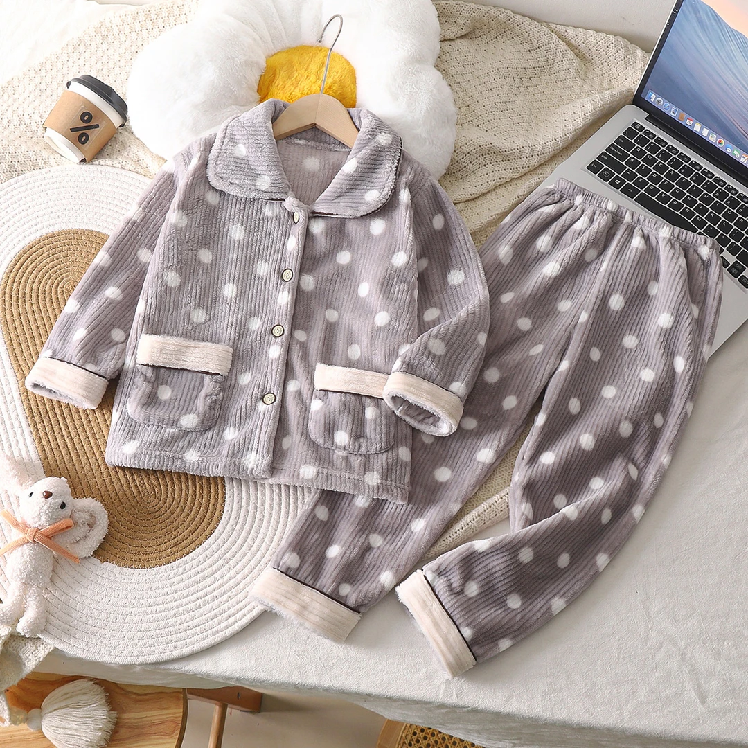 冬季儿童中大童法兰绒睡衣双面绒加绒加厚亲子款男女童保暖套装