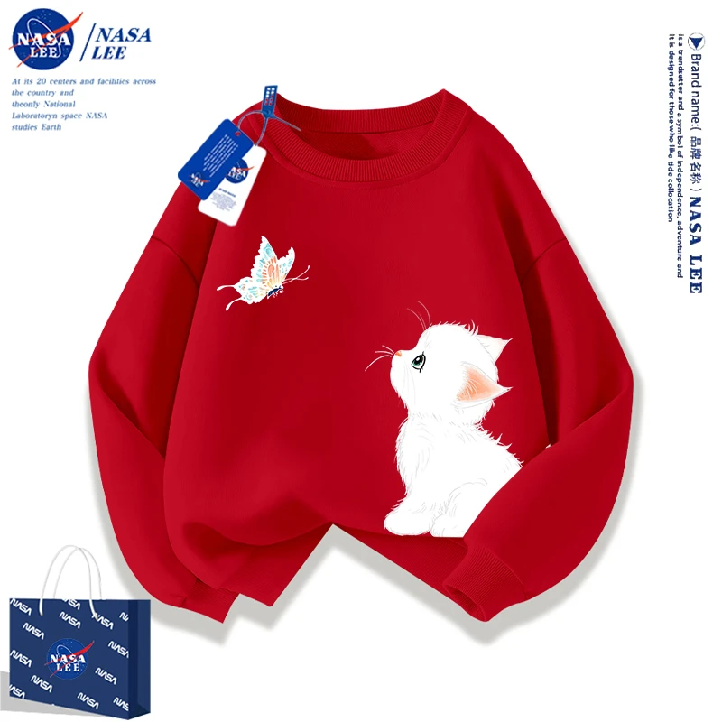 NASA女童秋装卫衣2024新款中大童洋气女孩红色圆领儿童春秋上衣