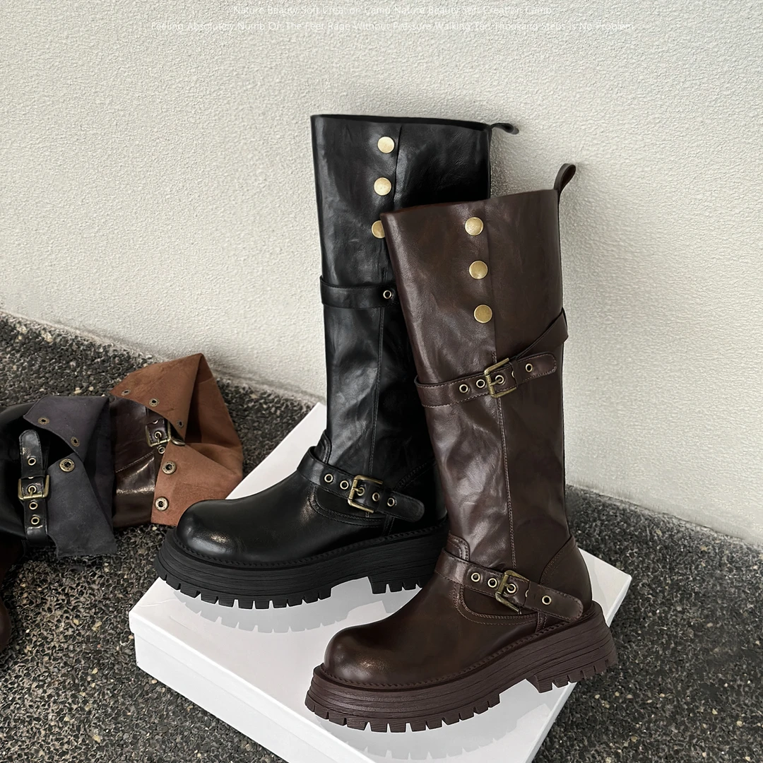 自然卷两穿复古英伦风粗跟厚底长筒靴女冬新款长靴高筒显瘦骑士靴