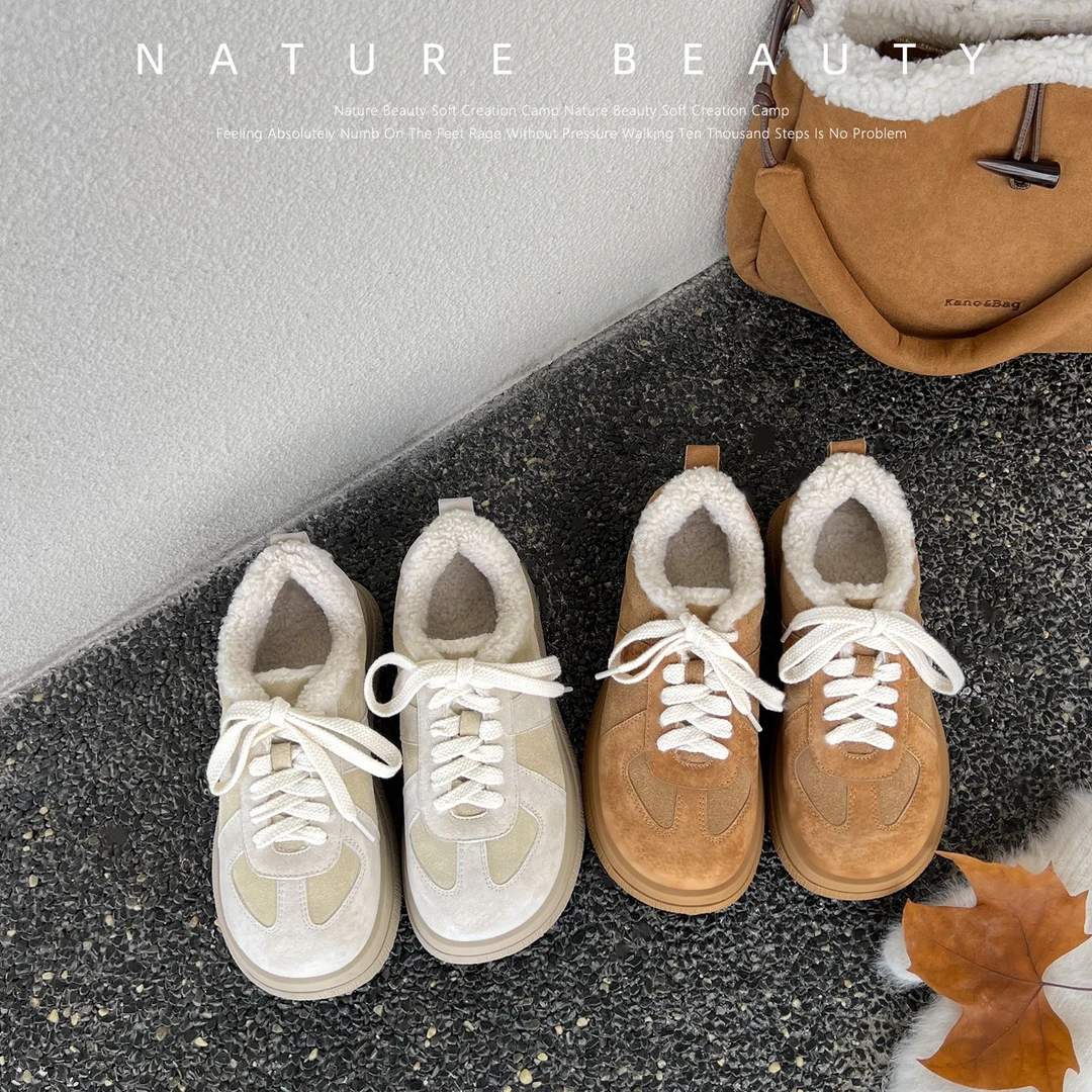 自然卷加绒休闲鞋2024秋冬新款复古拼色德训鞋厚底保暖毛毛鞋