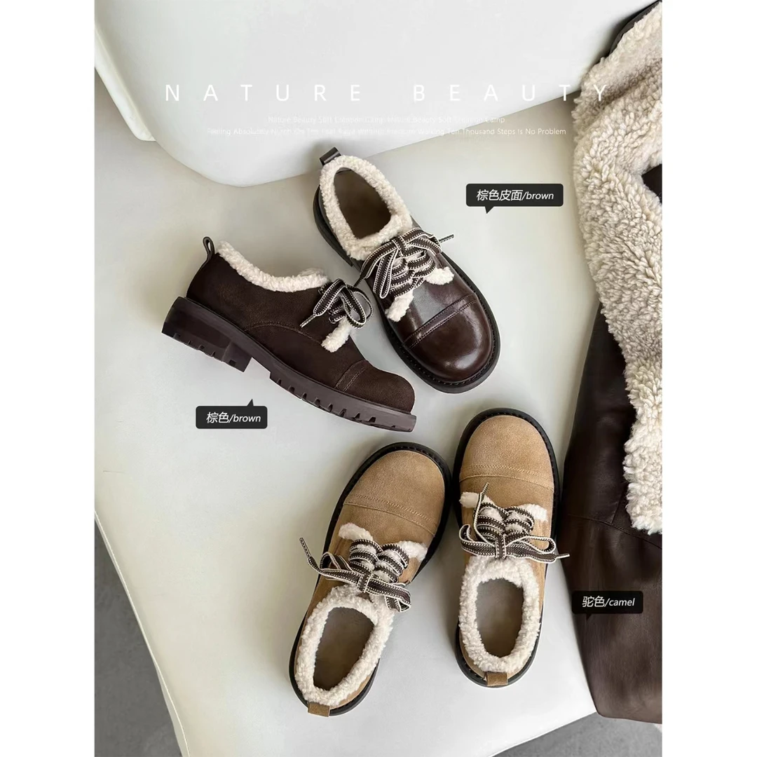 自然卷美拉德加绒小皮鞋女秋冬新款雪地靴棉鞋英伦厚底女鞋