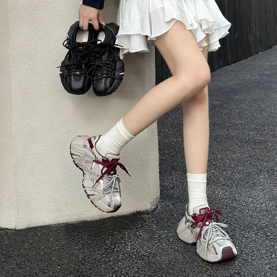 自然卷复古拼色鞋带厚底增高老爹鞋女2025春新款透气休闲运动鞋