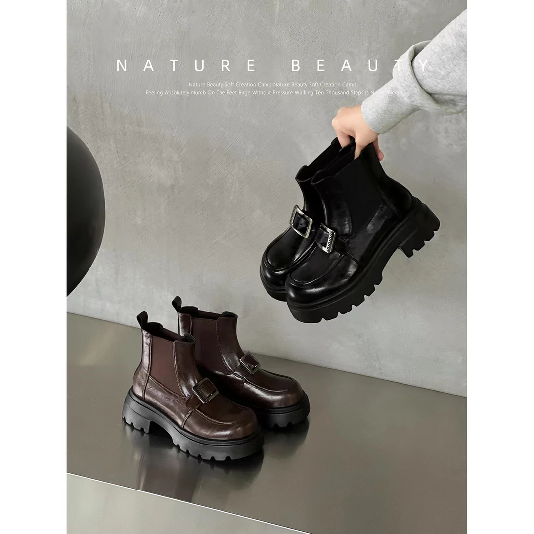 自然卷皮带扣厚底一脚蹬冬新款切尔西短靴女加绒厚底英伦风马丁靴