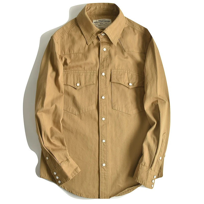 百搭文艺风纯棉长袖衬衫男装秋季复古工装上衣男外套纯色透气休闲