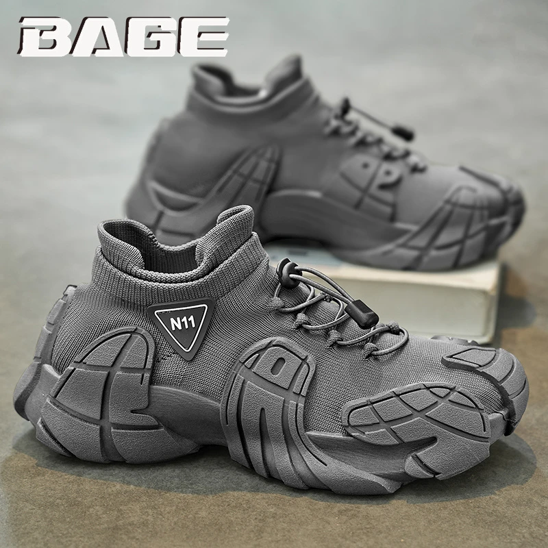 八哥男鞋冬季透气网面飞织袜子网鞋男士一脚蹬厚底机甲休闲运动鞋