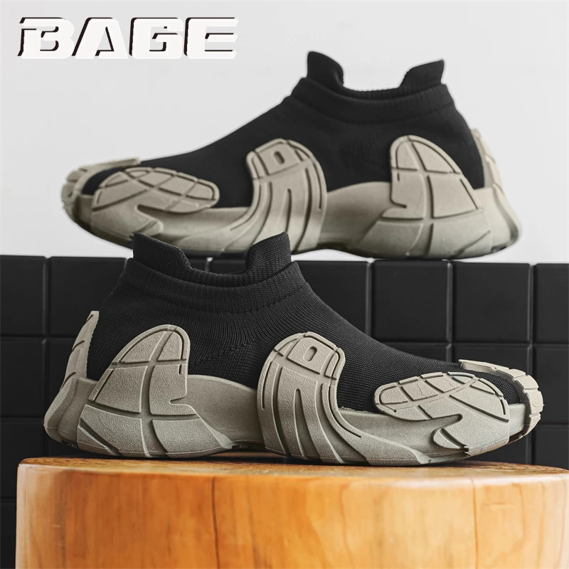 八哥男鞋冬季网面透气飞织袜子鞋一脚蹬男士休闲百搭厚底运动潮鞋