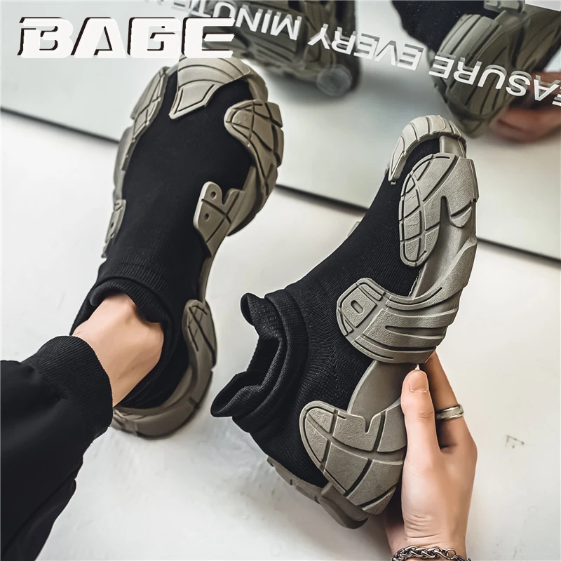 八哥莆田男鞋冬季飞织网面透气袜子鞋一脚蹬休闲厚底机甲运动潮鞋