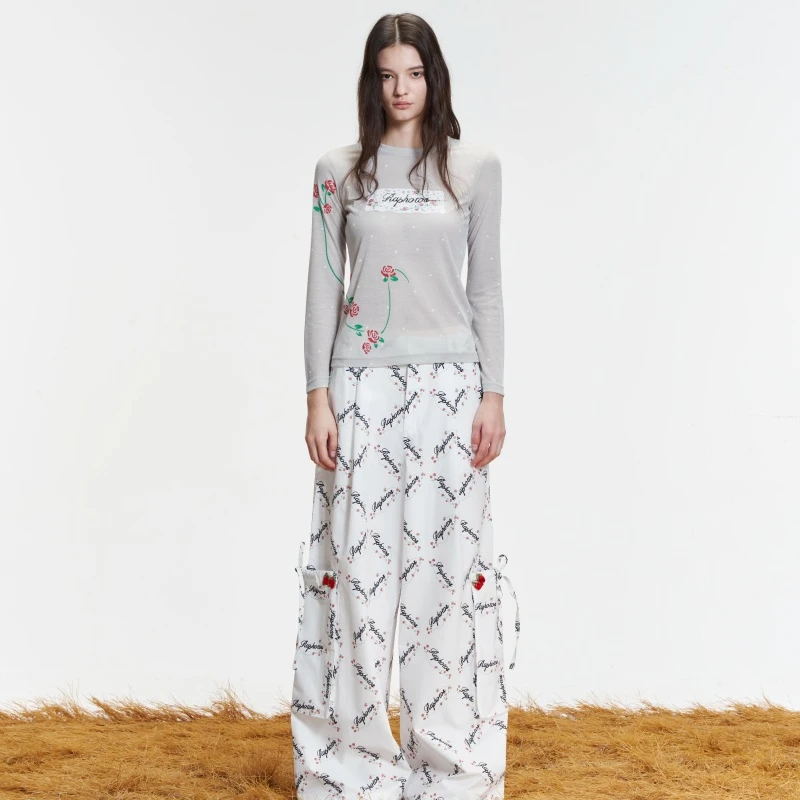 RAPHOTOS藤蔓玫瑰蕾丝印花波点长袖T恤