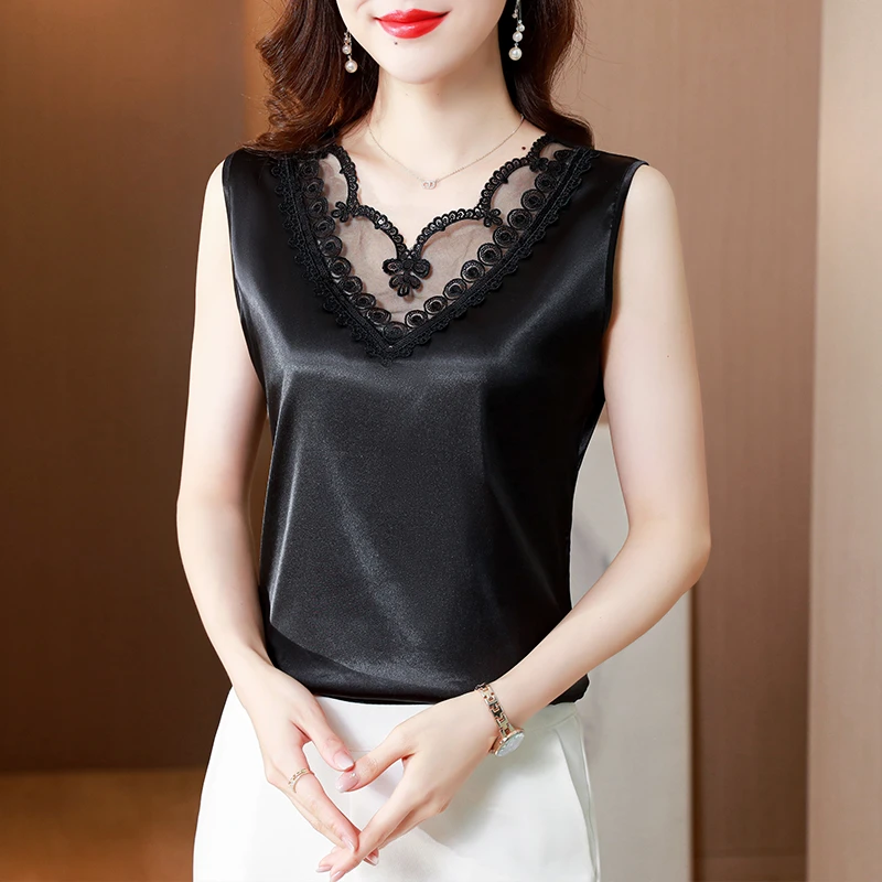蕾丝拼接吊带背心女外穿春夏宽松百搭打底西装内搭无袖上衣BH3139