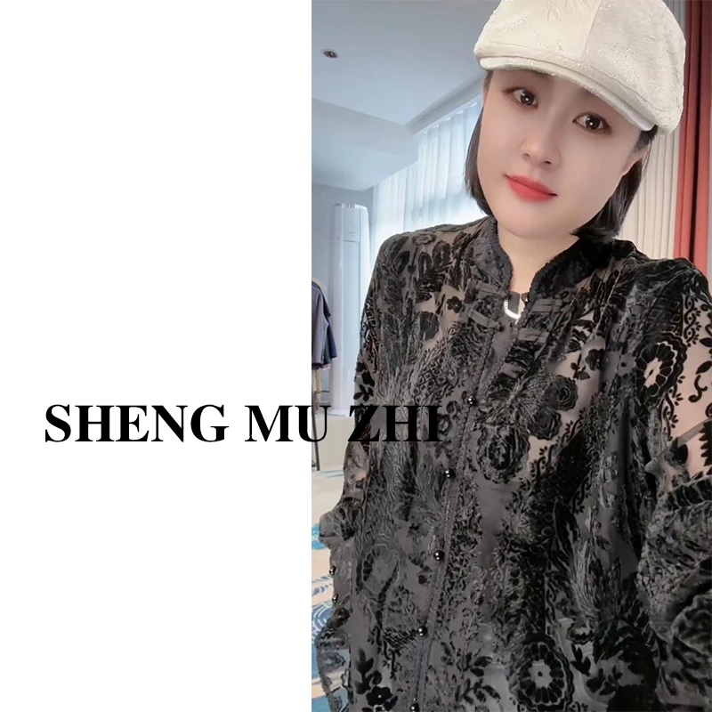 H黑色高级感长袖镂空衬衫