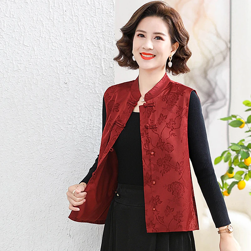 妈妈新中式复古盘扣时尚红色国风马甲女款外穿上衣中式马夹坎肩女