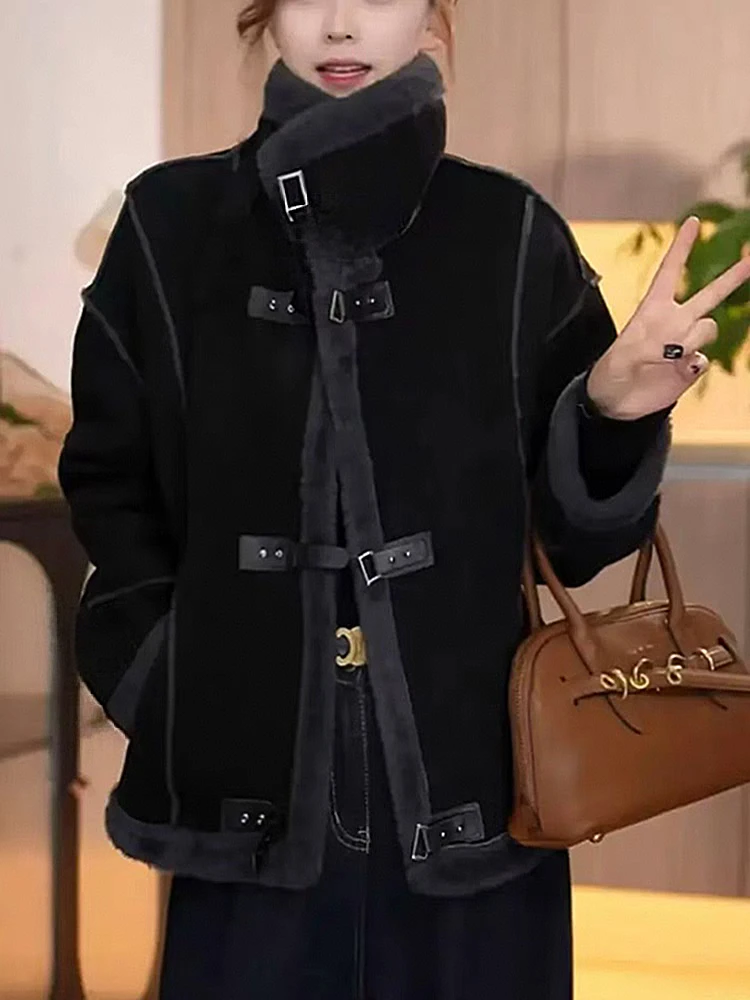 2024鹿皮绒机车服外套冬季女韩版宽松皮毛一体短款上衣潮网红时尚