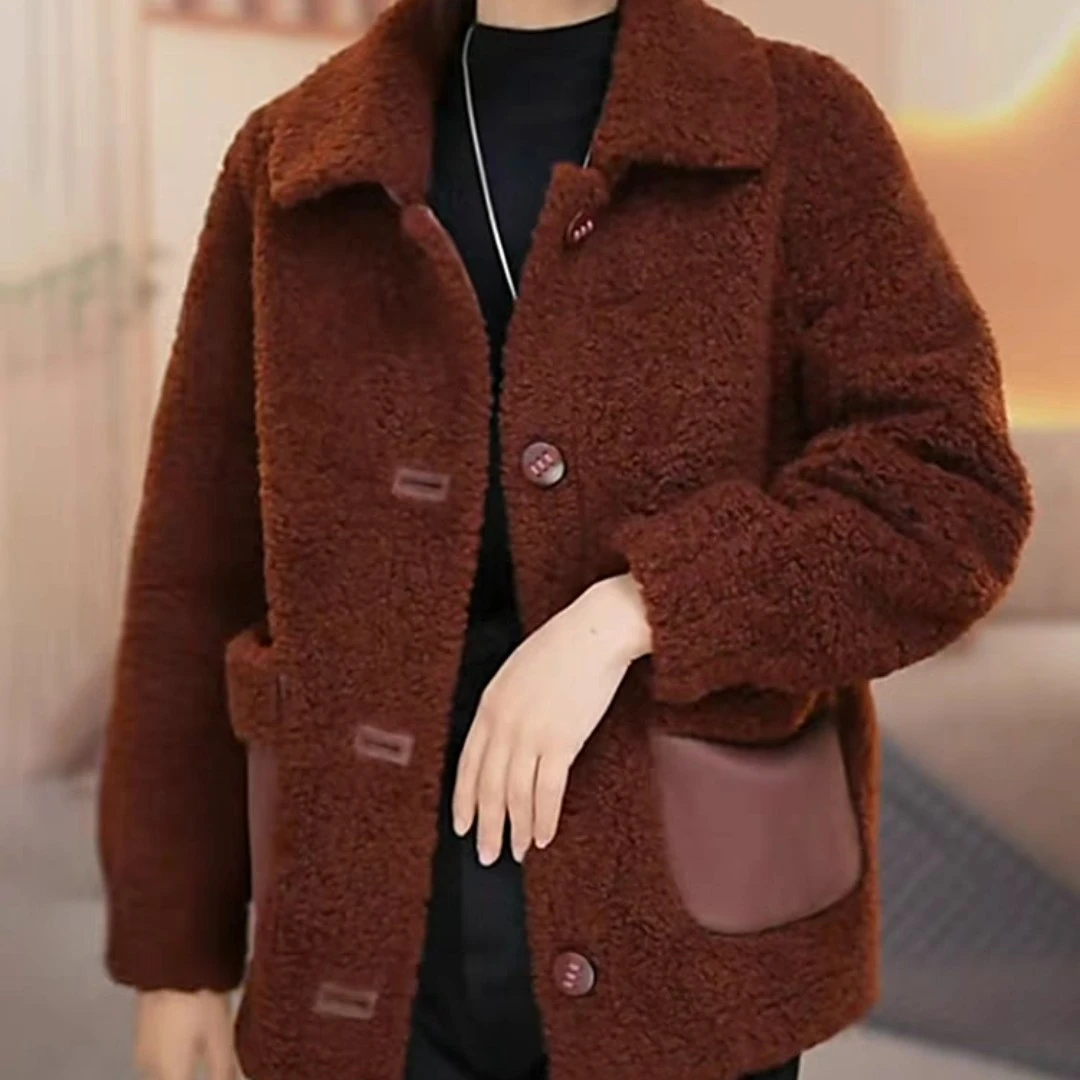 MM皮毛一体颗粒绒外套女冬季新款休闲百搭时尚口袋翻领宽松