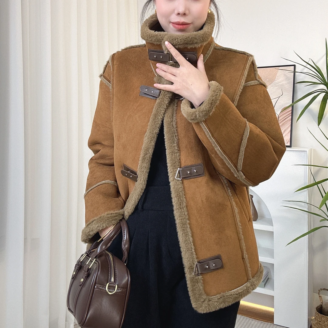 qq2024鹿皮绒机车服外套女冬季韩版宽松皮毛一体短款上衣潮网红