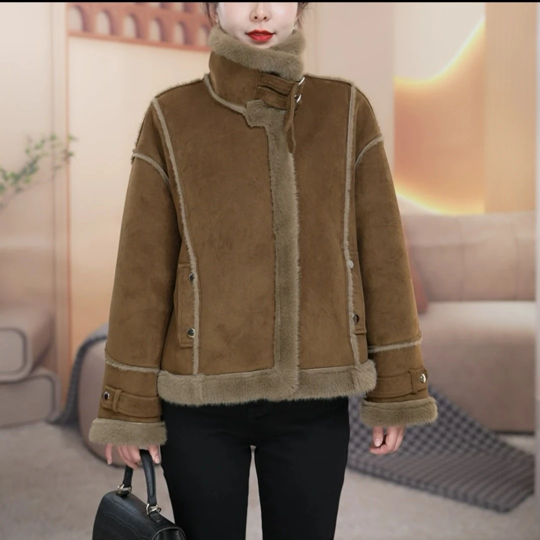 皮毛一体麂皮绒立领防风遮肉百搭休闲短款加厚加绒