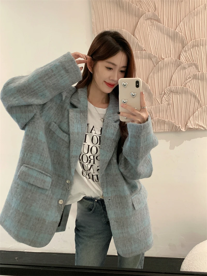 【优妮】小香风格子毛呢外套女秋冬2023新款撞色高级感ins宽松西装