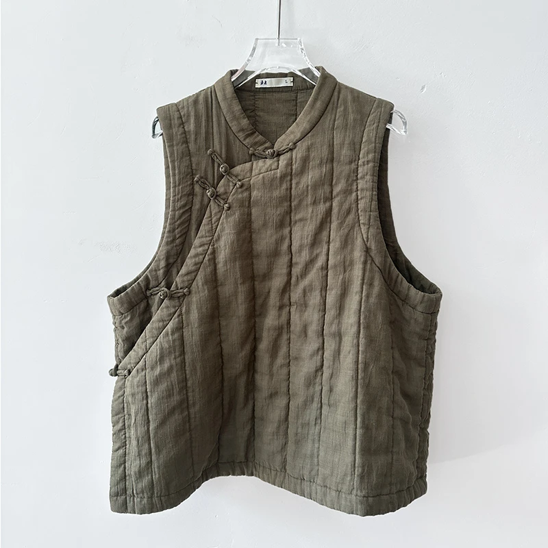 6601秋冬轻薄柔软款保暖改良新中式斜襟苎麻服棉马甲女