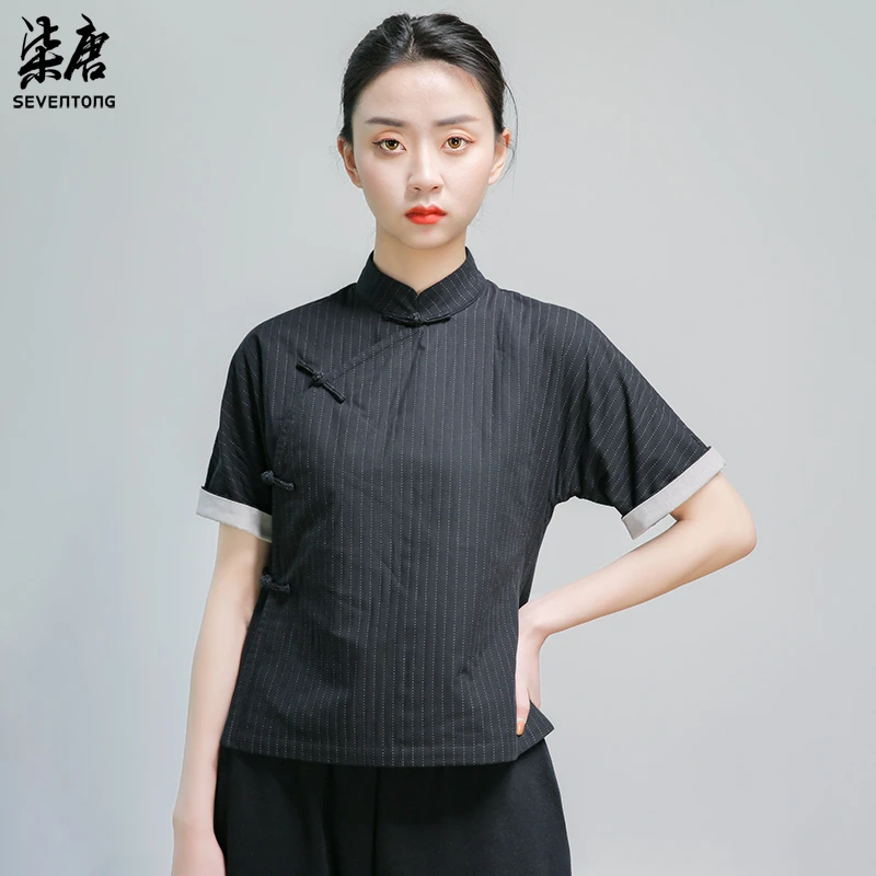 5860新款纯棉改良短旗袍连肩短袖上衣女复古民国风小个子百搭