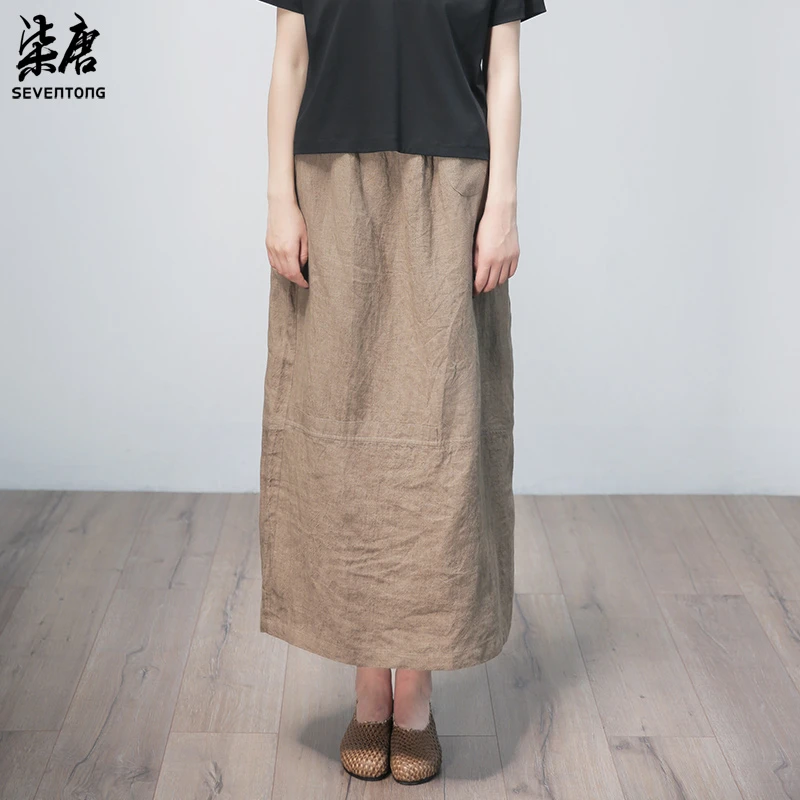 5453新款深卡其松紧腰色织亚麻宽松休闲裙子女夏半身裙中长款