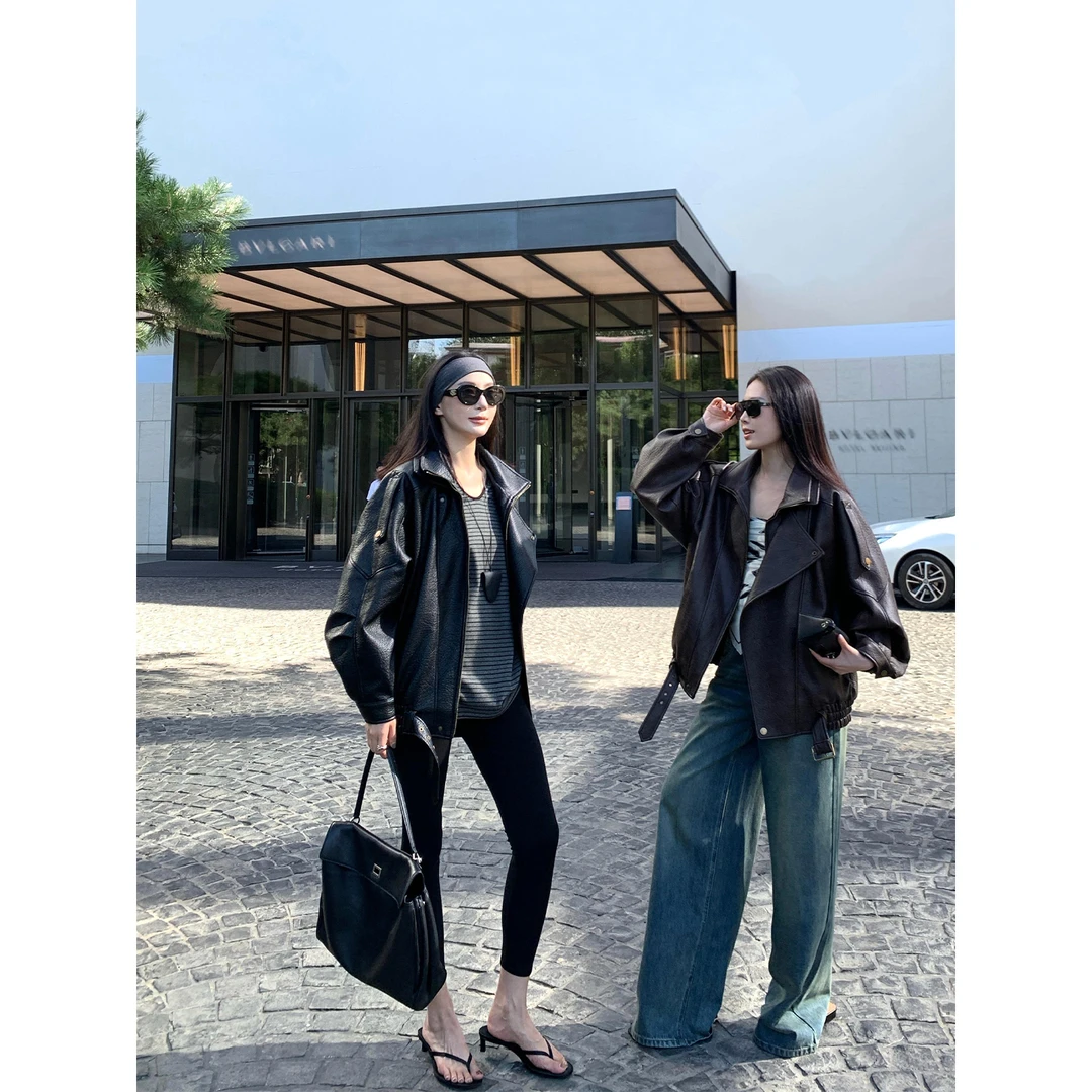 周淼ZHOUMIAO荔枝纹PU皮衣短外套重工复古宽松上衣女 ZM24Y3123KA