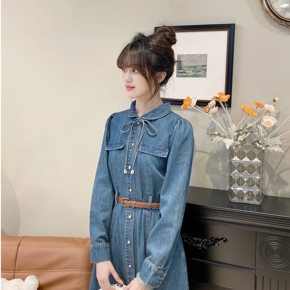 法式小香风牛仔连衣裙秋时尚气质复古洋气收腰牛仔裙子SZ1909011