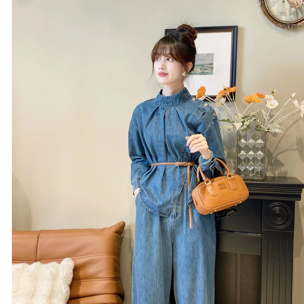 小立领不牛仔衬衫高腰直筒裤套装时尚两件套牛仔套装SZ1906193