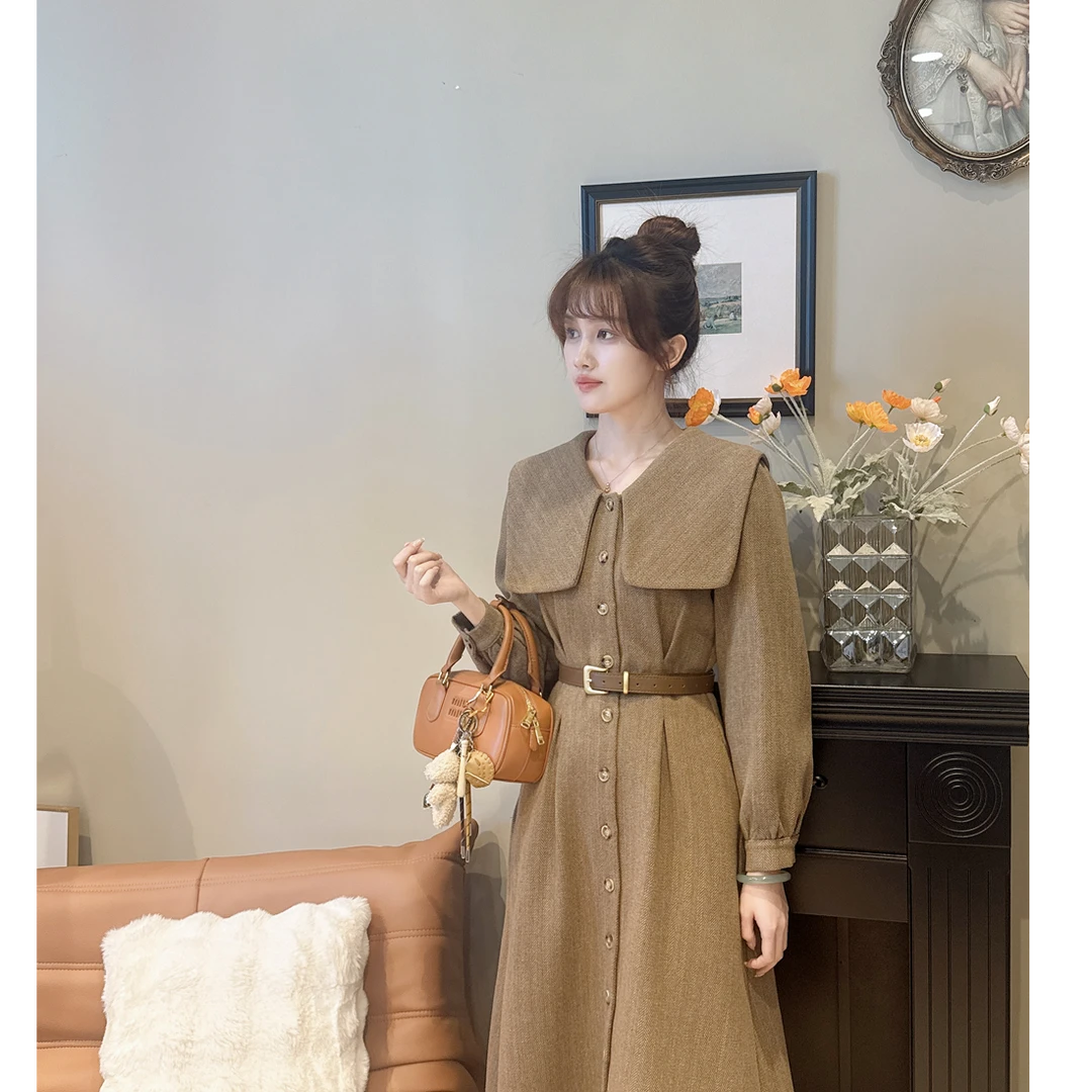 复古海军领人字呢连衣裙冬季韩版加绒保暖收腰长裙子SZ2901803