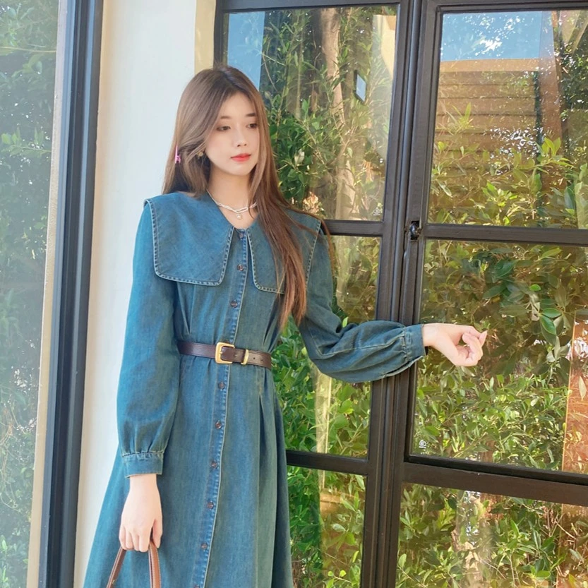 海军领大翻领牛仔连衣裙新款韩版气质洋气收腰牛仔裙子SZ1900170