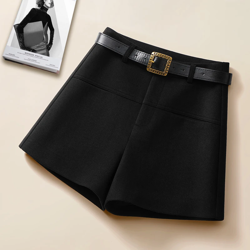 黑色毛呢短裤女2023新款秋冬高腰A字阔腿裤冬季外穿休闲靴裤显瘦