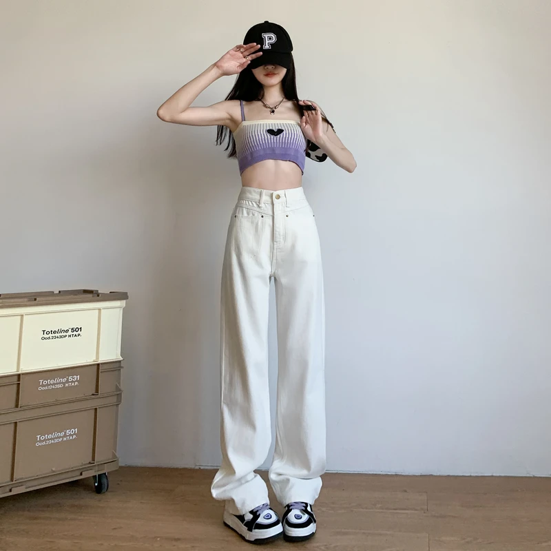 白色阔腿牛仔裤女秋季2024新款高腰宽松窄版直筒裤显瘦垂感拖地裤