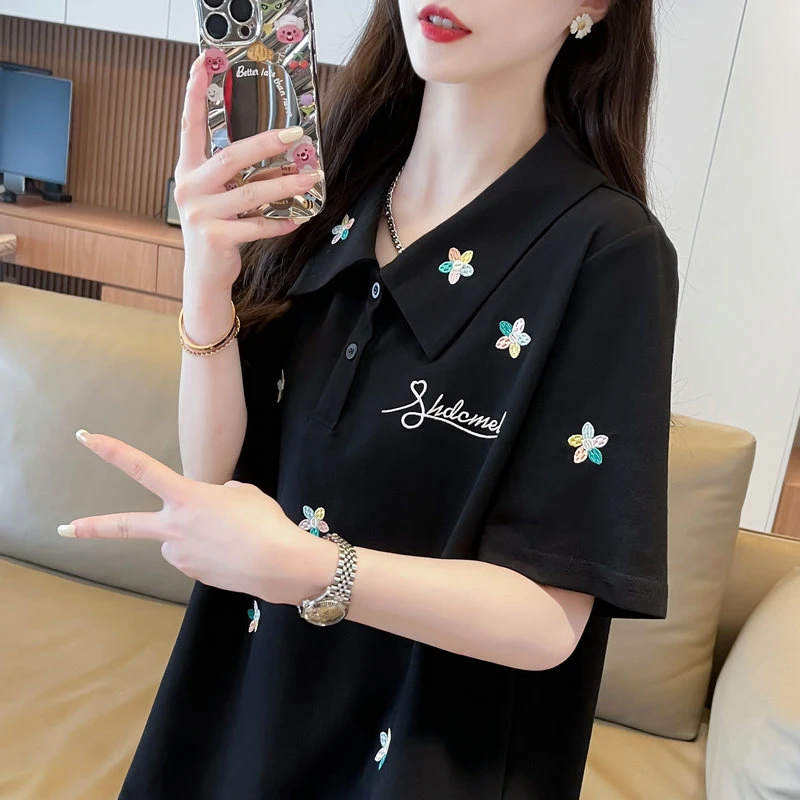 翻领polo衫短袖t恤女夏季韩版宽松大码女装重工刺绣百搭洋气上衣