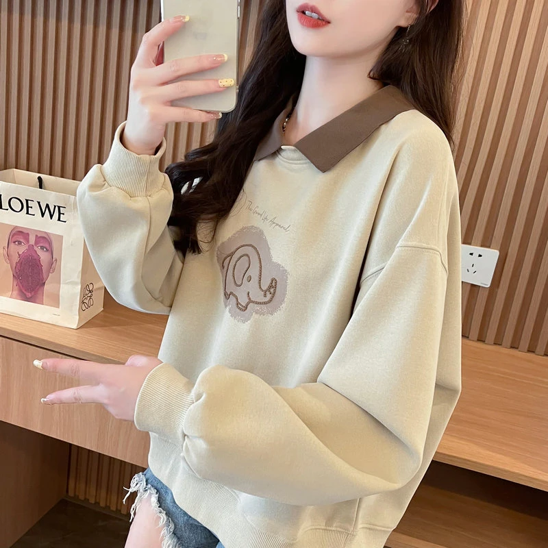 翻领polo衫卫衣女春秋季韩版宽松薄款撞色小个子百搭学生上衣外套