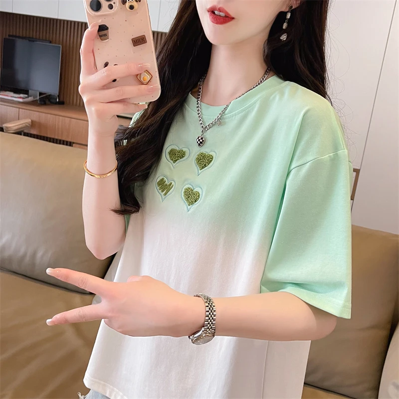 渐变色扎染短袖t恤女2024新款夏季韩版宽松设计感小众小个子上衣