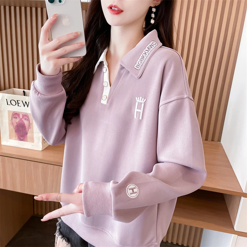 设计感翻领polo衫卫衣女2025新款春秋宽松韩版薄款撞色上衣外套