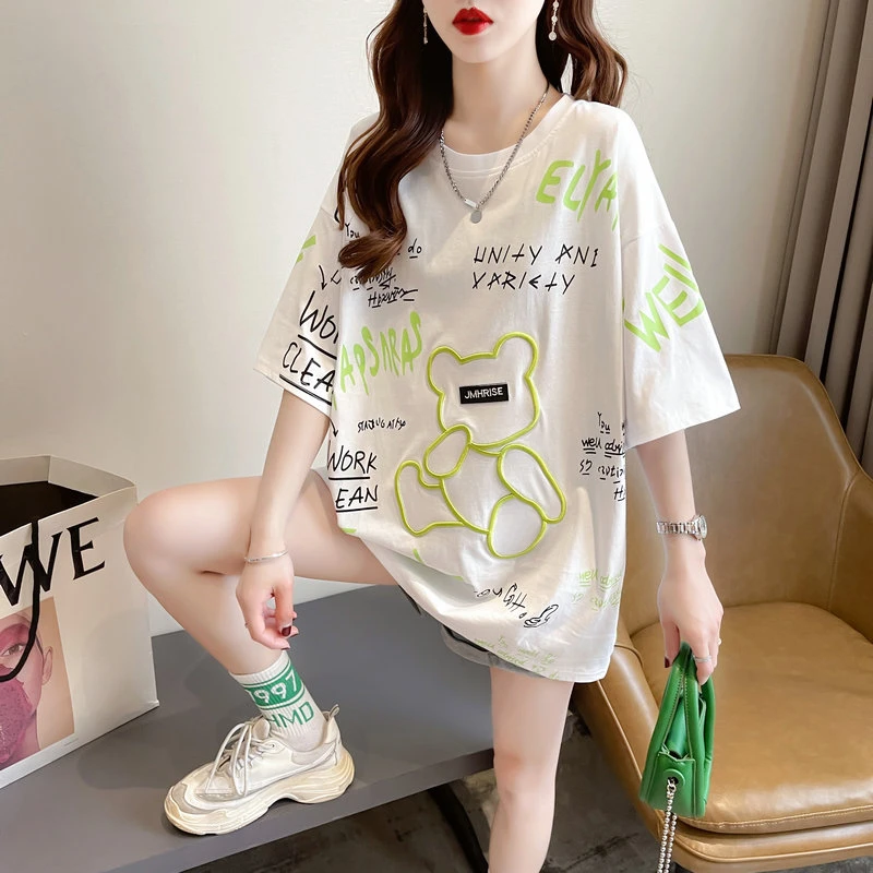 重工刺绣涂鸦短袖恤女2025新款夏季韩版宽松大码女装中长款上衣服