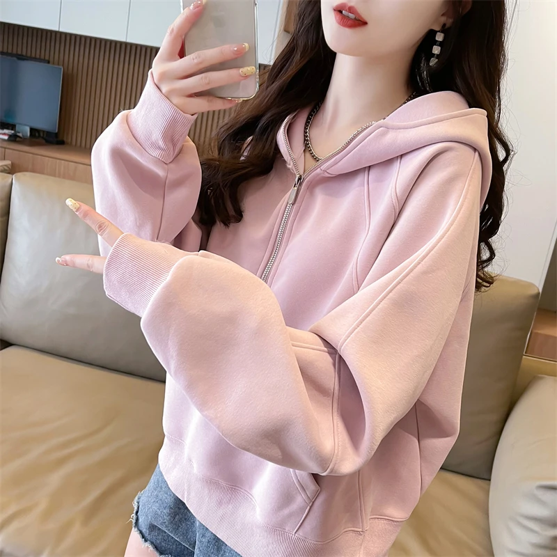 连帽卫衣女2024新款春秋季韩版宽松薄款半拉链纯色简约百搭外套潮