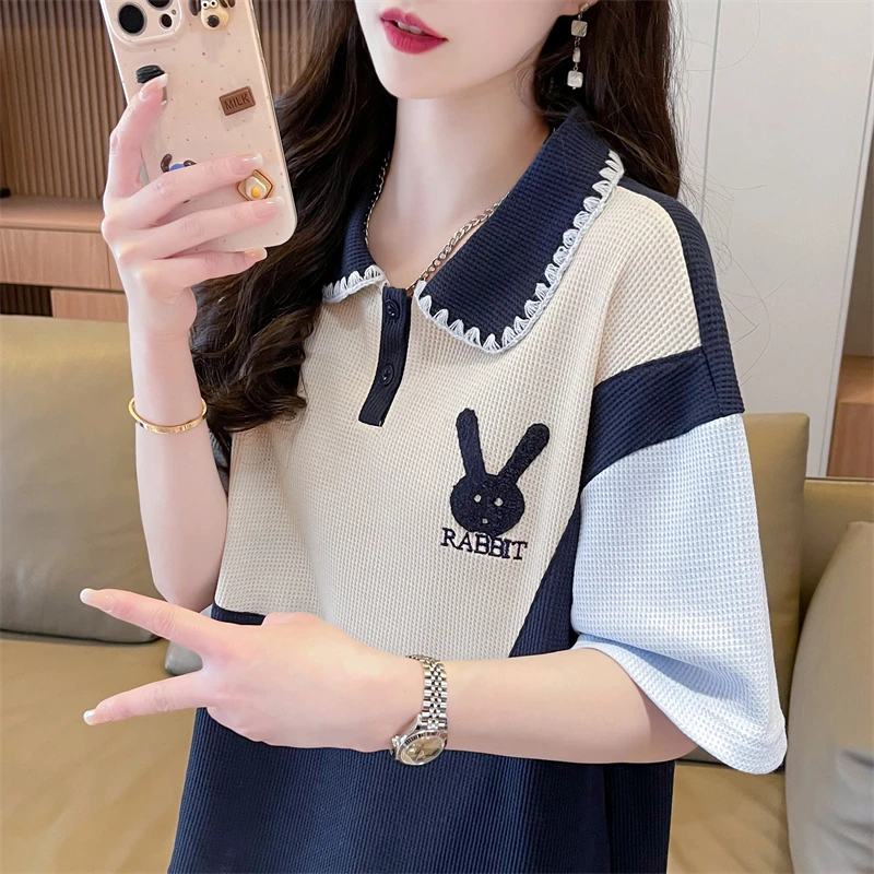 华夫格polo领短袖t恤女2025新款夏季韩版宽松设计感小众撞色上衣