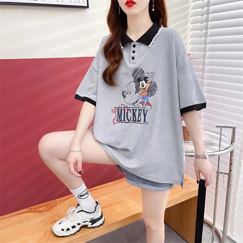 木耳边短袖t恤女夏季韩版宽松大码女装中长款翻领polo衫上衣服潮