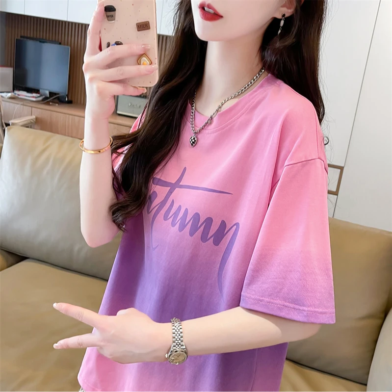 渐变色短袖t恤女2025新款夏季韩版宽松小个子印花设计感小众上衣
