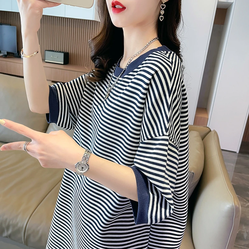条纹短袖t恤女2025新款夏季韩版宽松大码女装中长款休闲百搭上衣