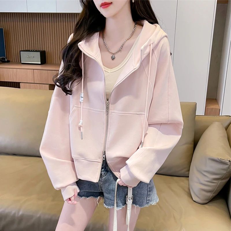 设计感小众连帽卫衣女春秋韩版宽松初秋薄款纯色简约拉链开衫外套